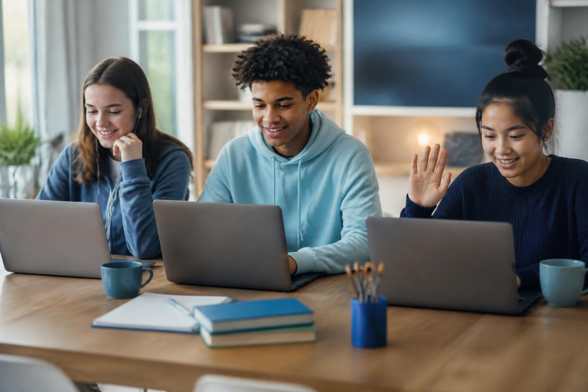 Diverse students attending a live online lesson on laptops in a bright study space